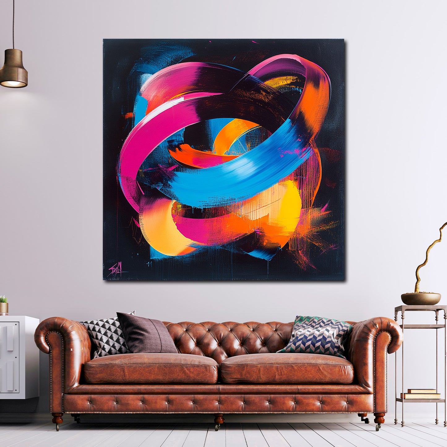 Abstrakt leuchtende Farbringe auf dunklem Hintergrund Wandbild