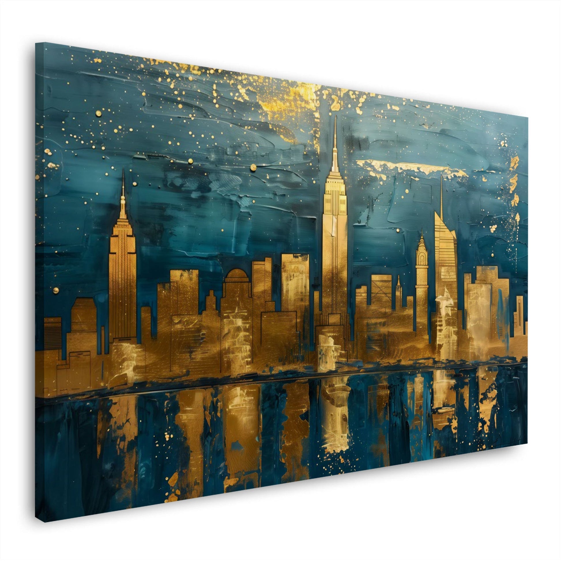 Abstrakte Stadt-Skyline in Gold und Türkis mit Wasserspiegelung – Wandbild im Querformat