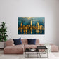 Skyline Wandbild in Gold und Türkis über der Couch im Wohnzimmer