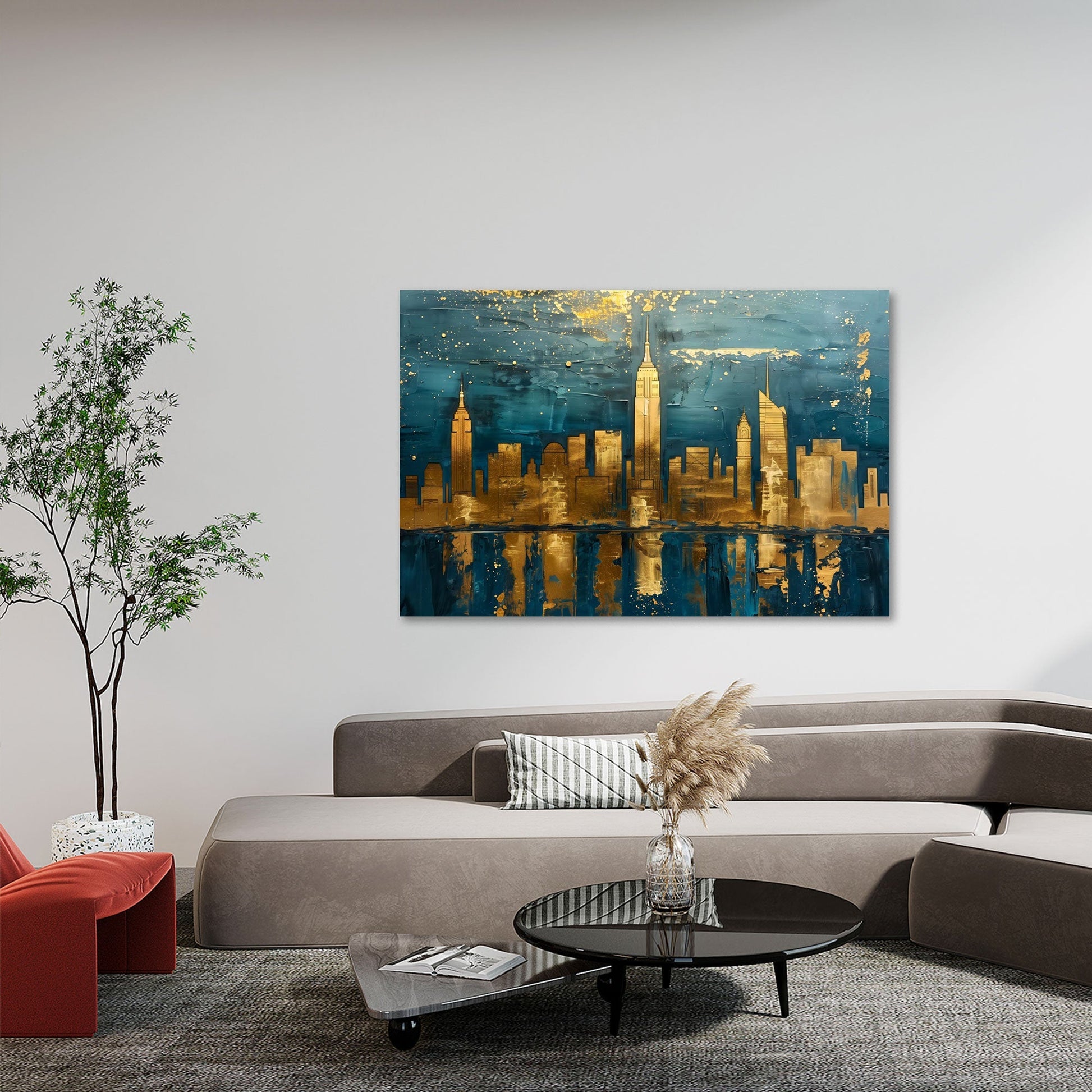 Abstraktes Stadt-Wandbild in Gold und Türkis im modernen Büro