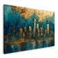 Abstrakte Stadtsilhouette mit markantem Turm in Gold und Petrol – Wandbild im Querformat