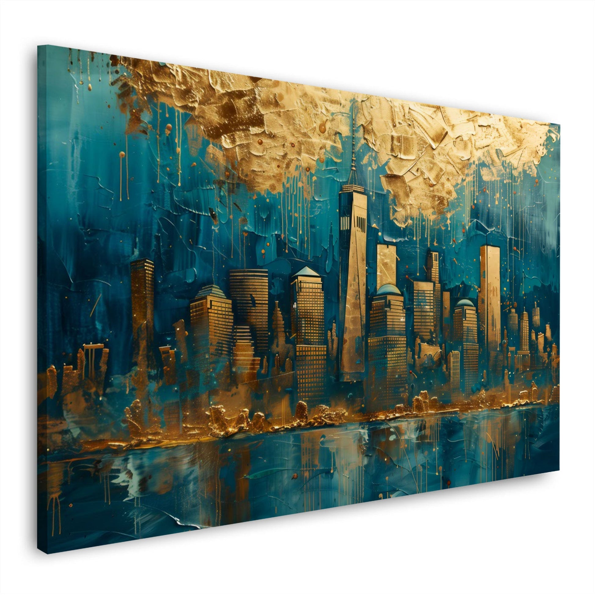 Abstrakte Stadtsilhouette mit markantem Turm in Gold und Petrol – Wandbild im Querformat
