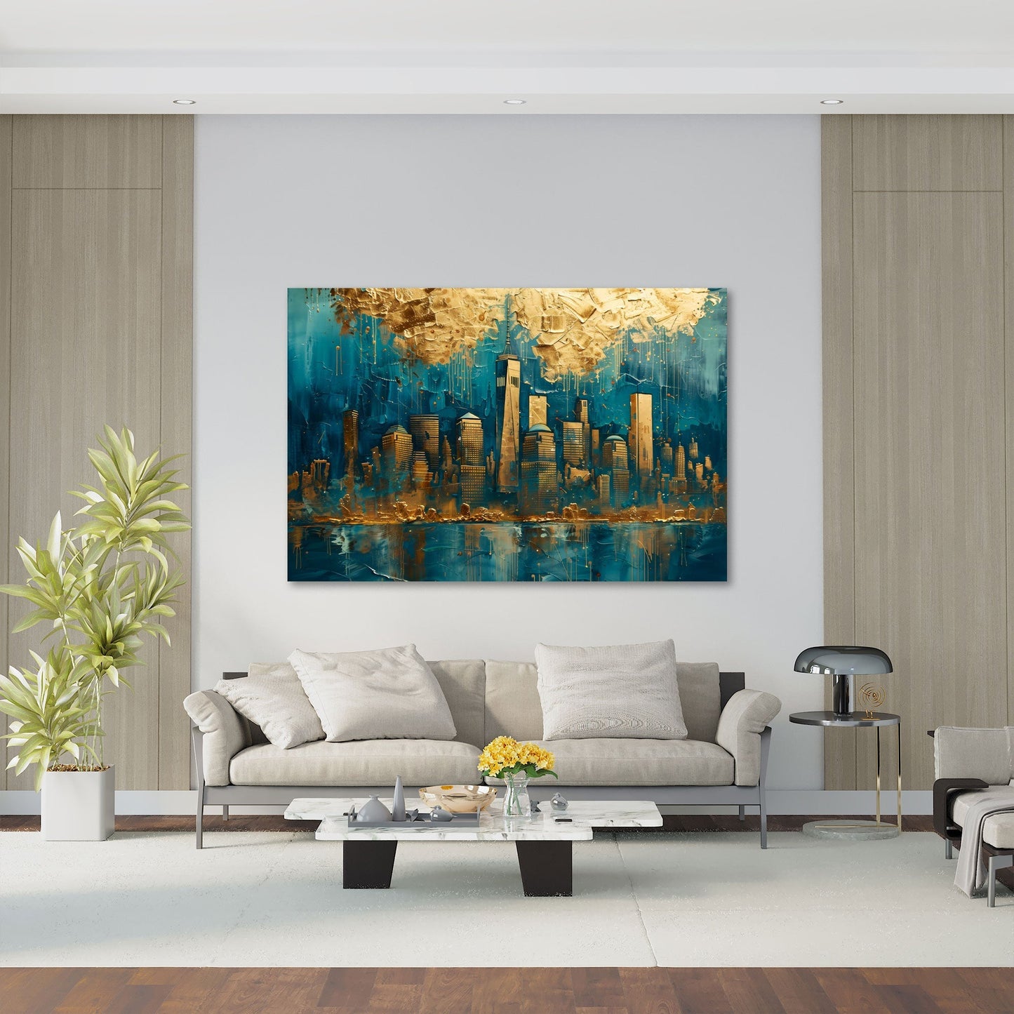 Stadtsilhouette Wandbild in Gold über dem Sofa im Wohnzimmer