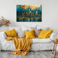 Goldene Stadtsilhouette als Wandbild im modernen Büro