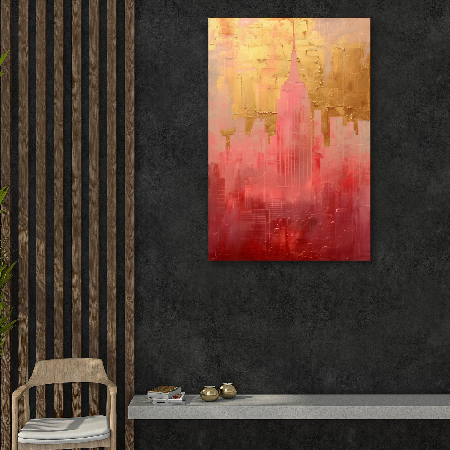 Abstrakte Stadtsilhouette in Rosa und Gold in Ölmalerei – Wandbild im Hochformat