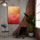 Stadtsilhouette Wandbild in Rosa und Gold über dem Sofa im Wohnzimmer