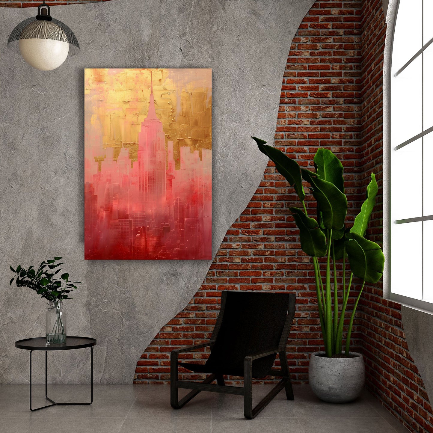 Stadtsilhouette Wandbild in Rosa und Gold über dem Sofa im Wohnzimmer