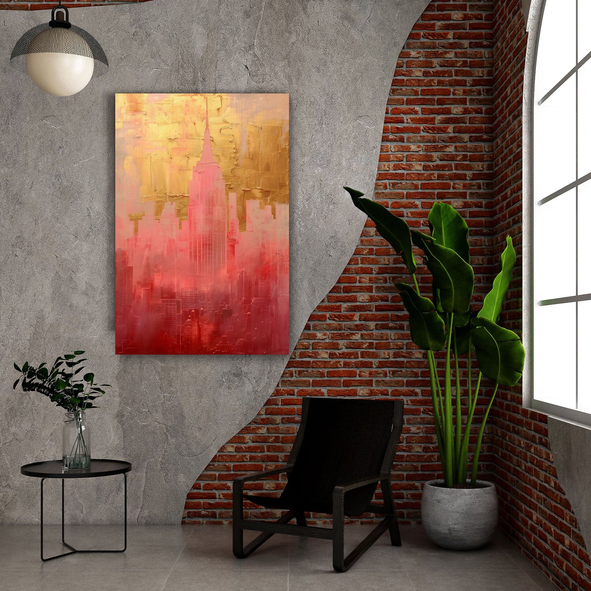 Stadtsilhouette Wandbild in Rosa und Gold über dem Sofa im Wohnzimmer