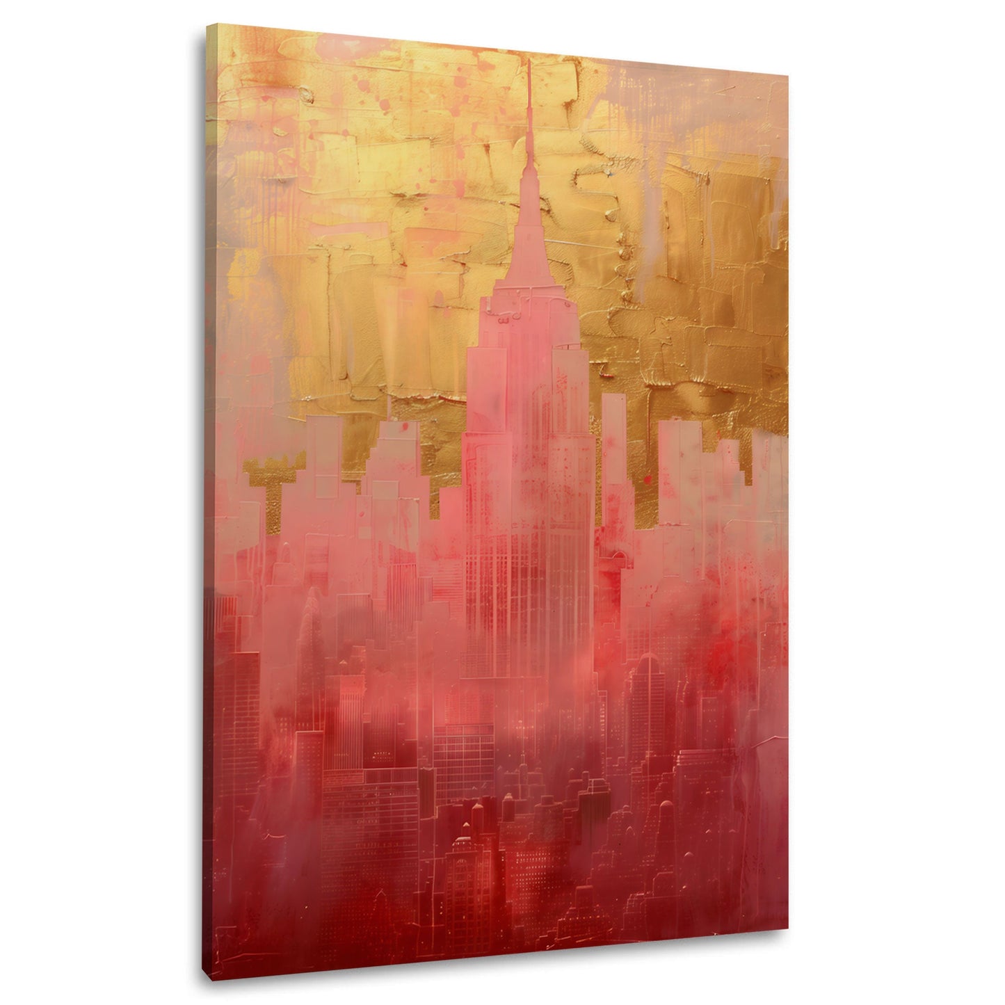 Abstraktes Stadt-Wandbild in Rosa und Gold im modernen Büro