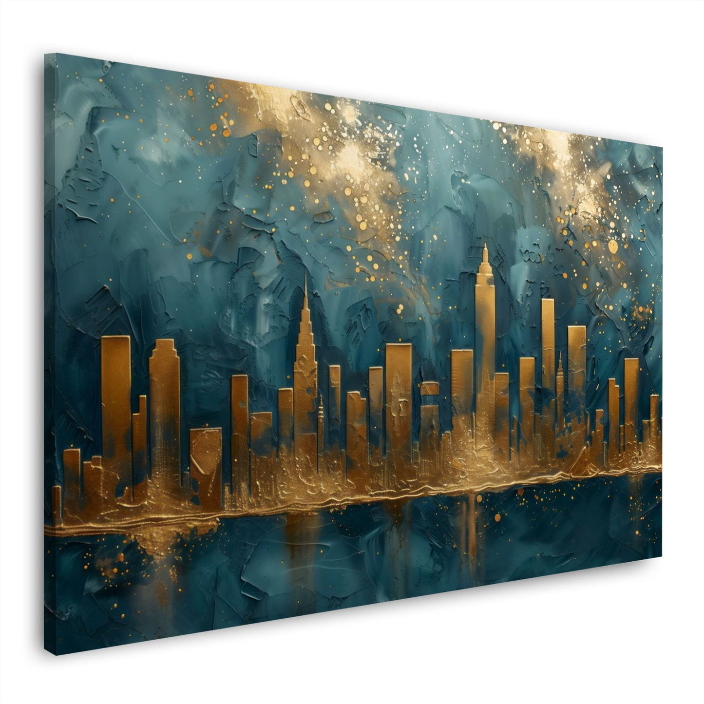 Goldene Wolkenkratzer vor petrolblauem Himmel mit Spiegelung – Wandbild im Querformat