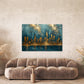 Stadtpanorama Wandbild in Gold über der Couch im Wohnzimmer