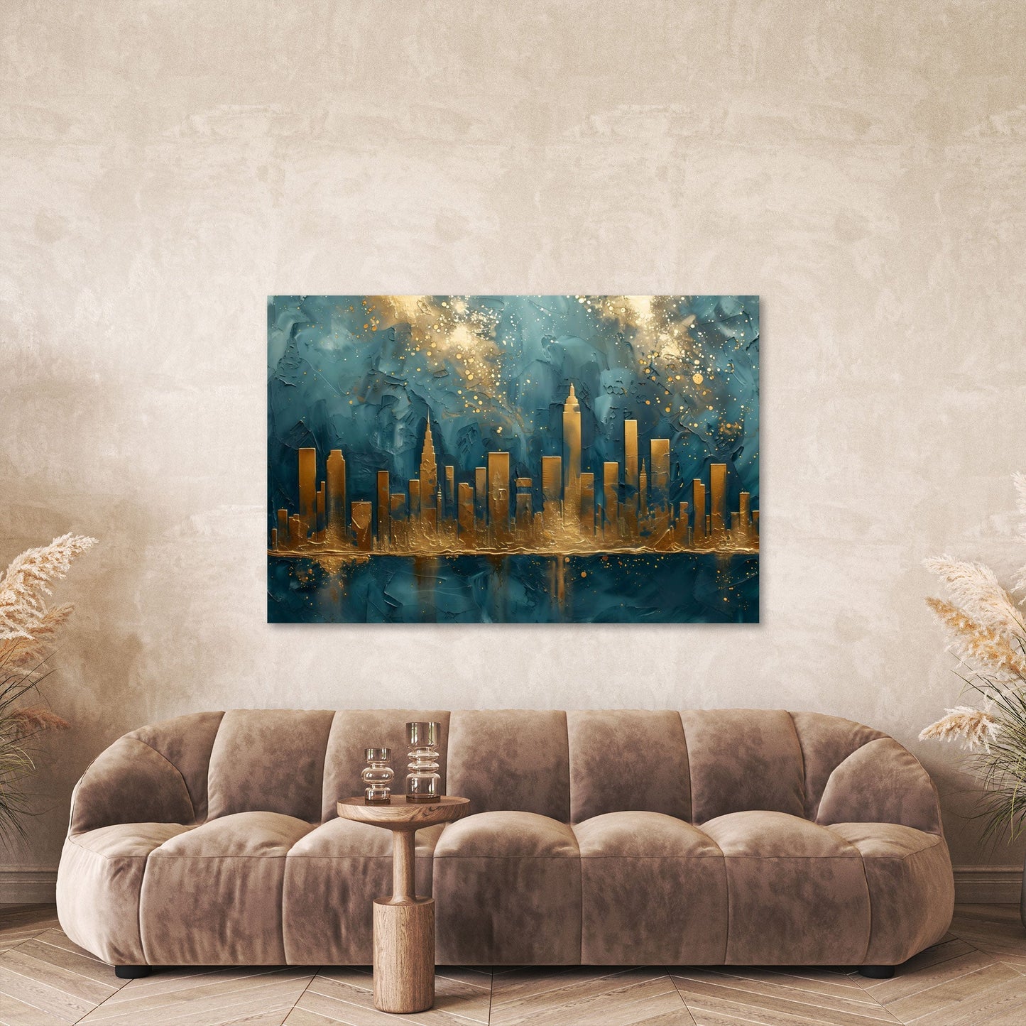 Stadtpanorama Wandbild in Gold über der Couch im Wohnzimmer
