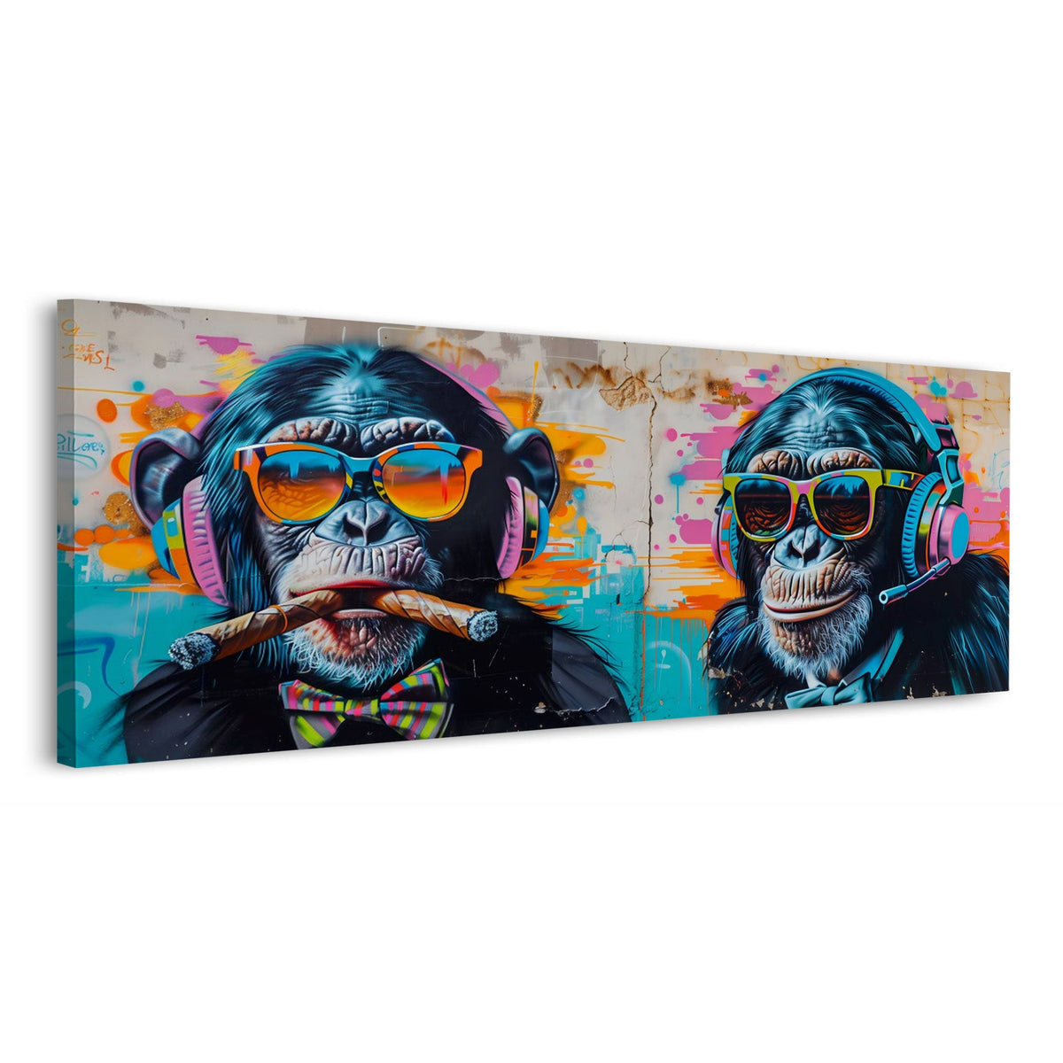 Panorama Wandbild Affen Duo mit Kopfhörern vor bunter Graffitiwand