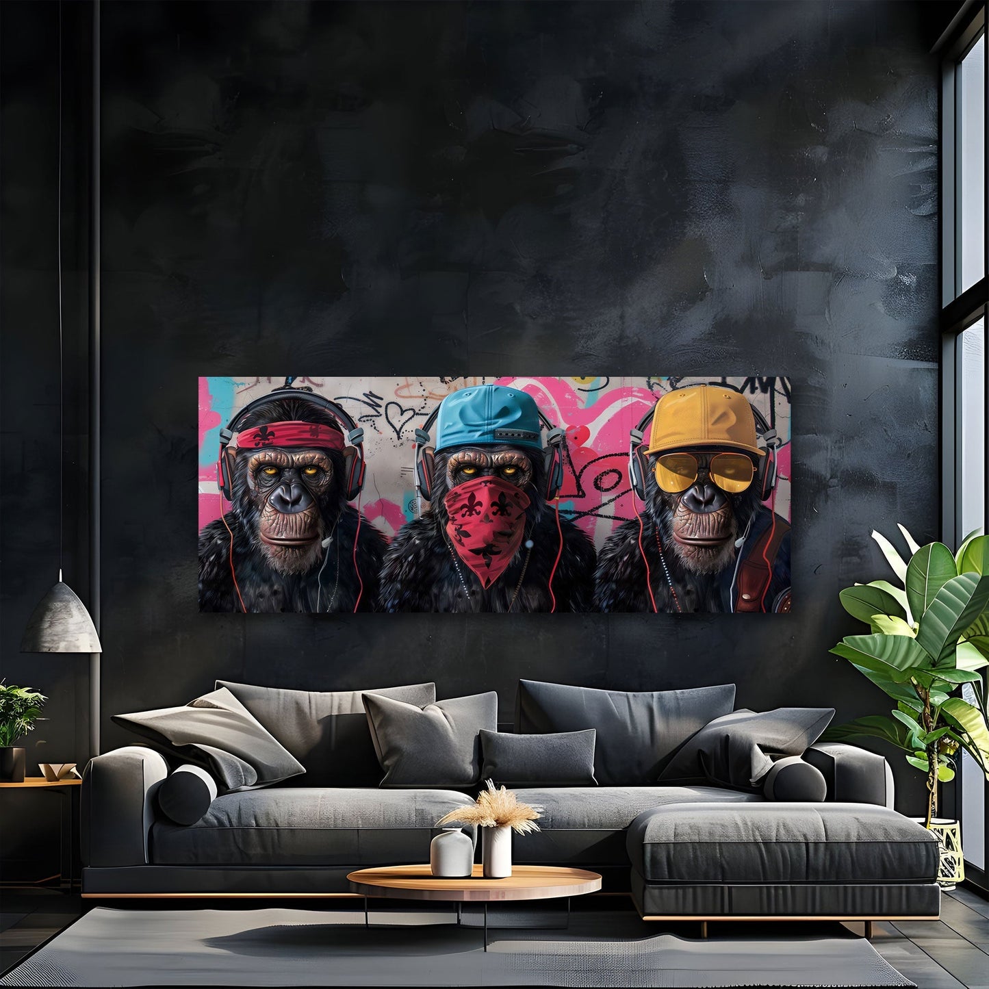 Affen Trio Panorama-Wandbild über dem Sofa im Wohnzimmer