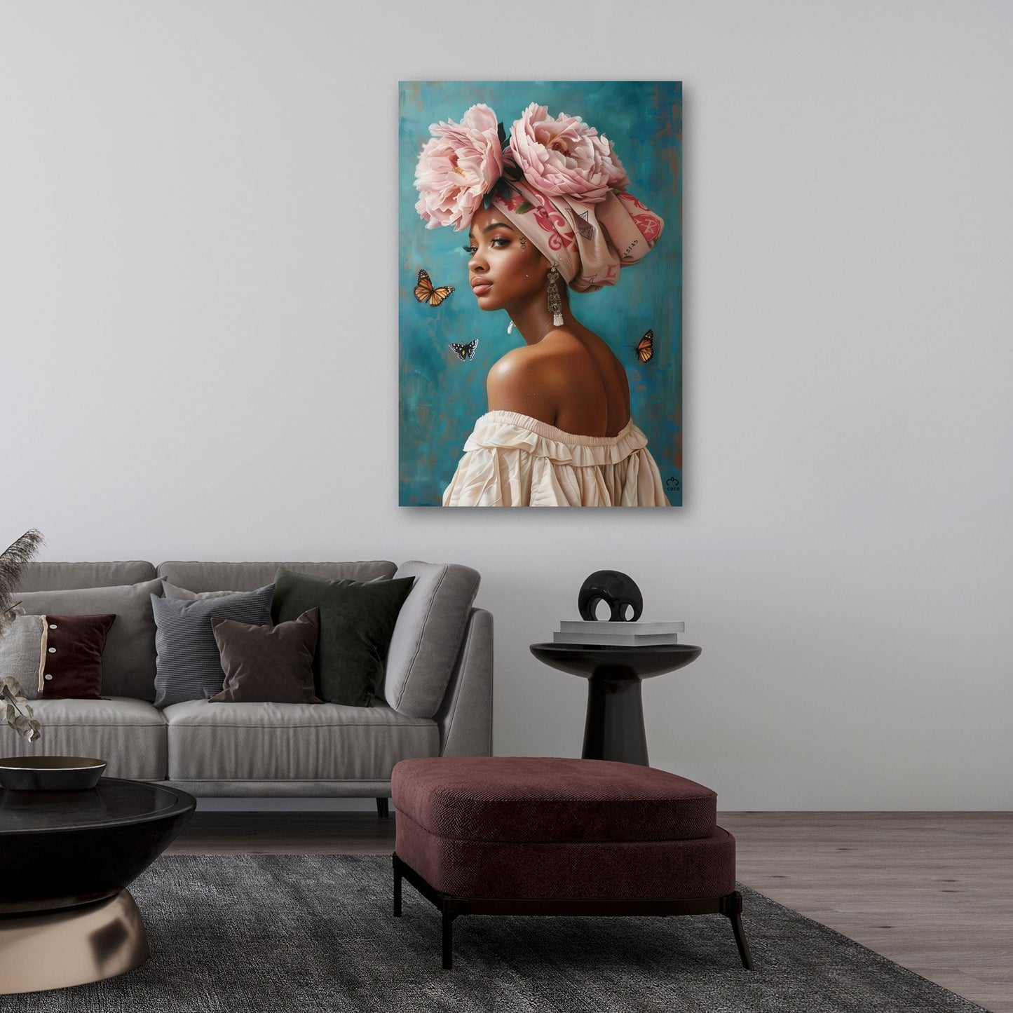 Afrikanische Frau mit Blumen und Schmetterlingen Wandbild