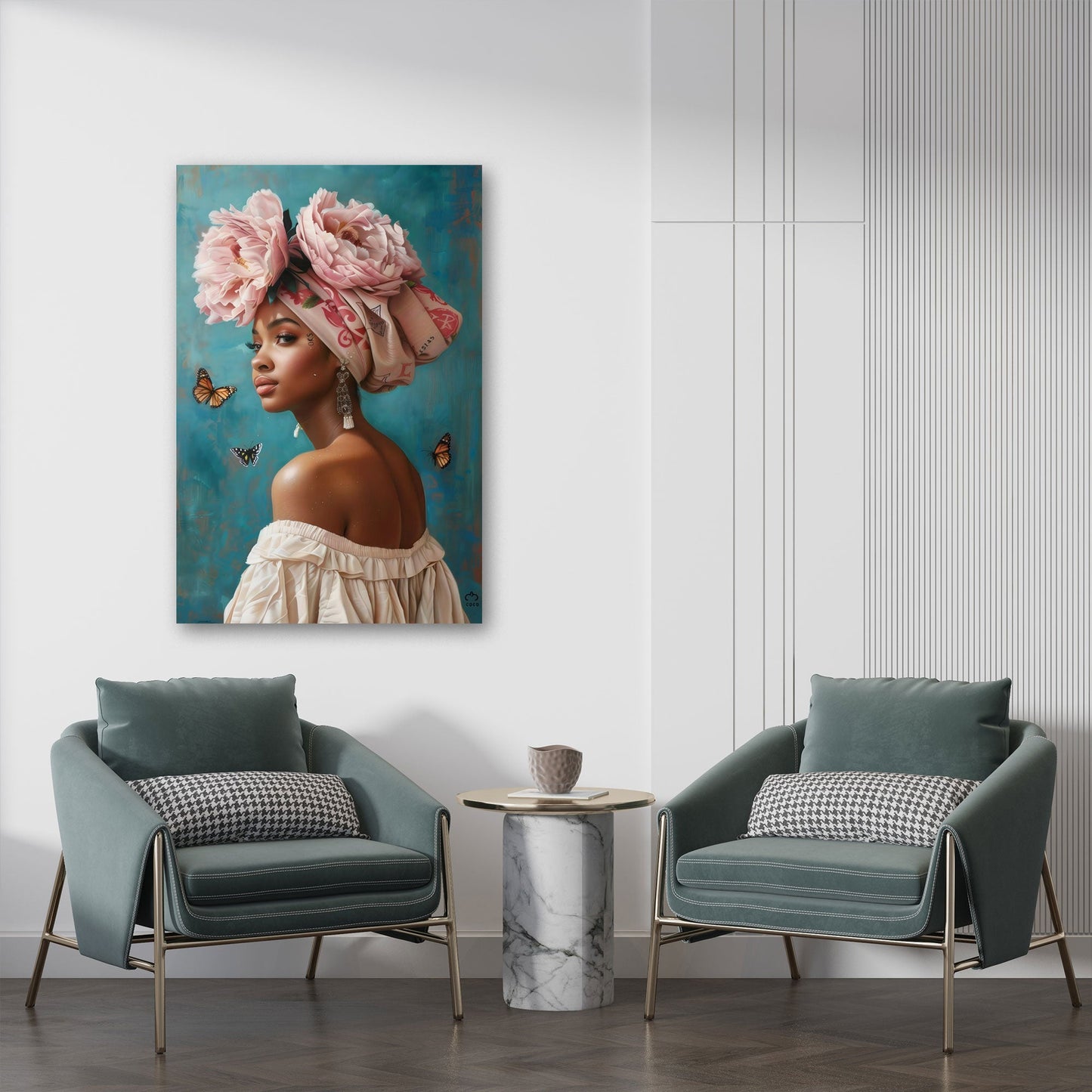 Afrikanische Frau mit Blumen und Schmetterlingen Wandbild