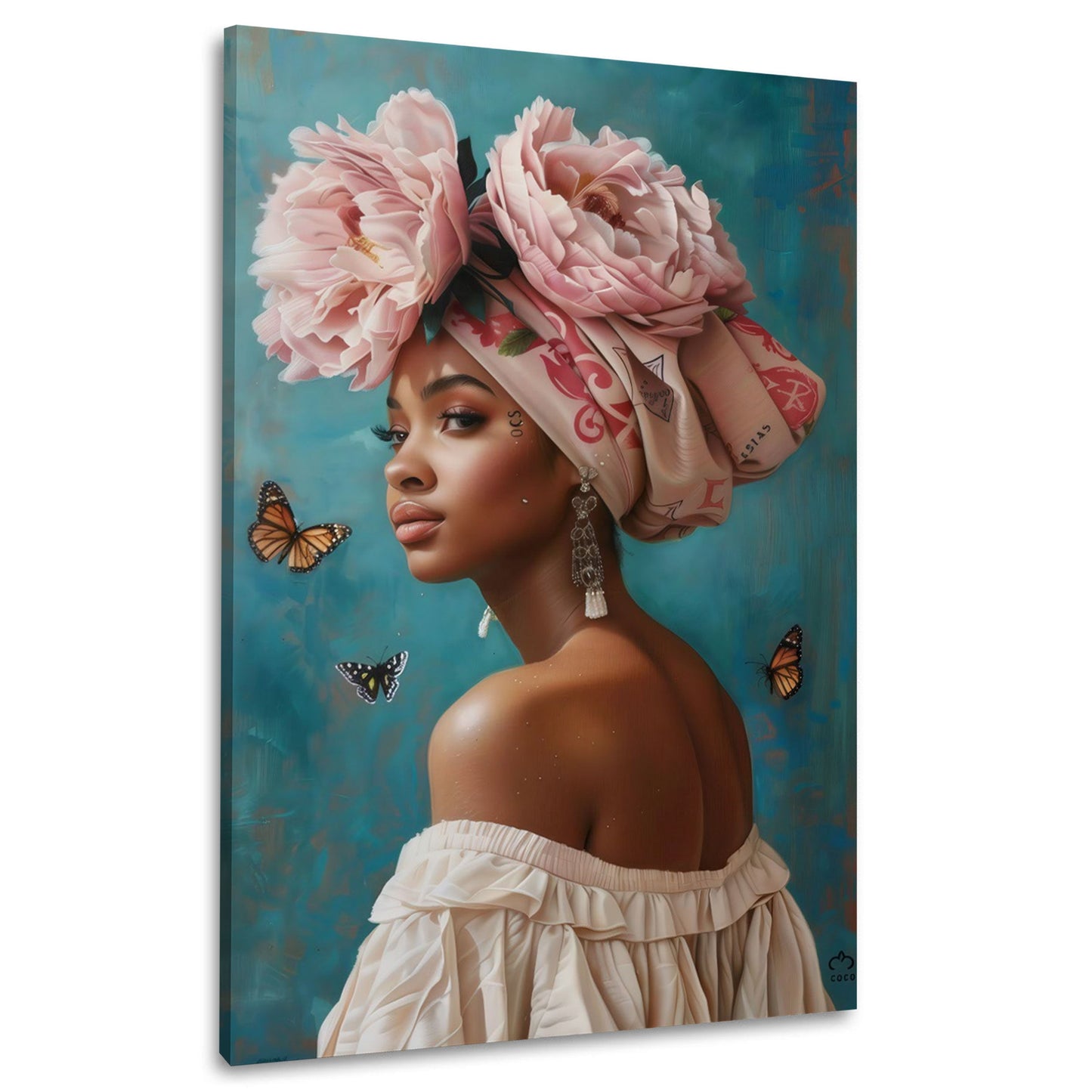 Afrikanische Frau mit Blumen und Schmetterlingen Wandbild