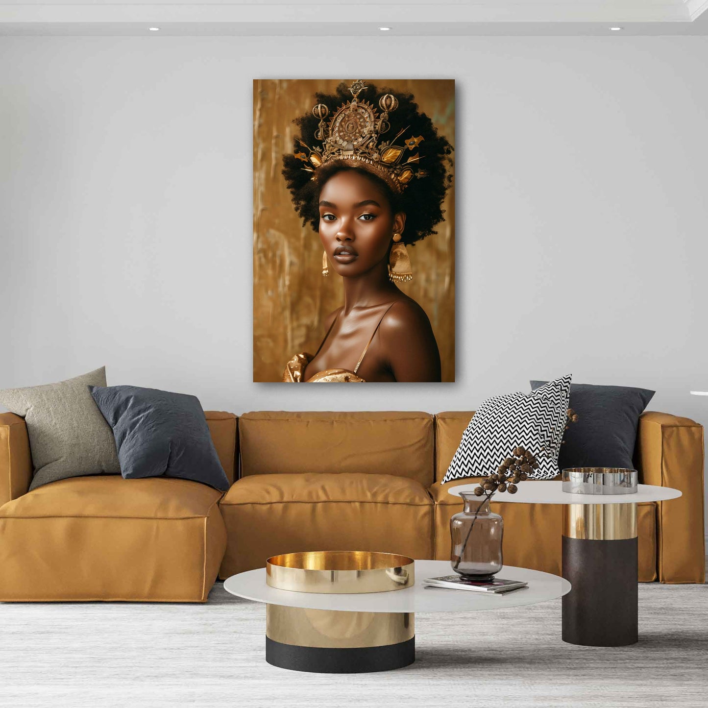 Afrikanische Frau Porträt gold mit Krone und Afro Wandbild