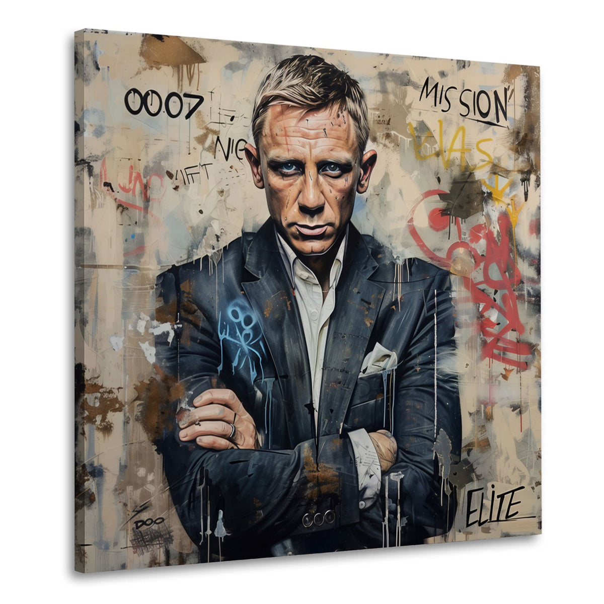 Wandbild Agent im Anzug mit roten Graffiti Tags auf heller Wand