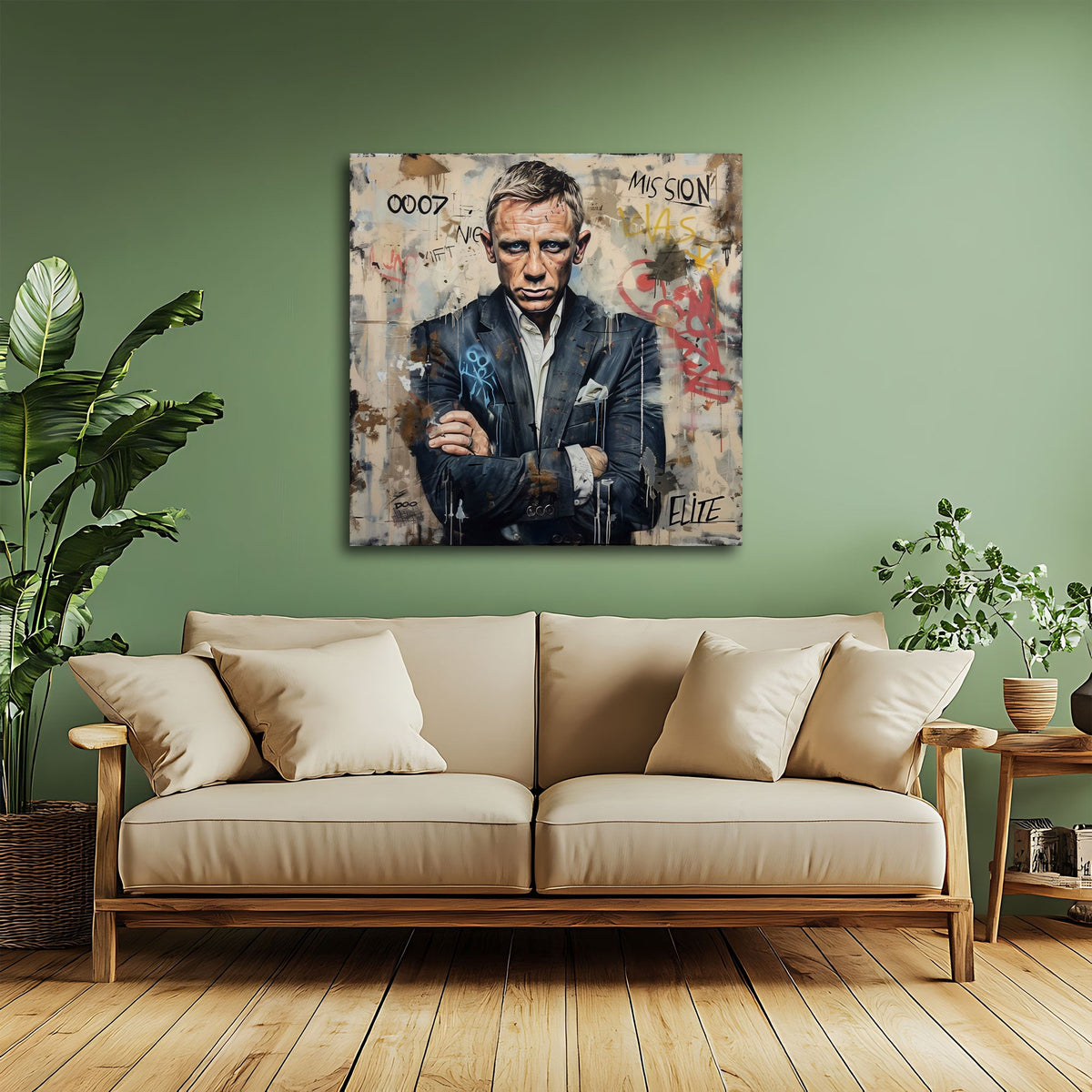 Quadratisches Street Art Wandbild im modernen Wohnraum