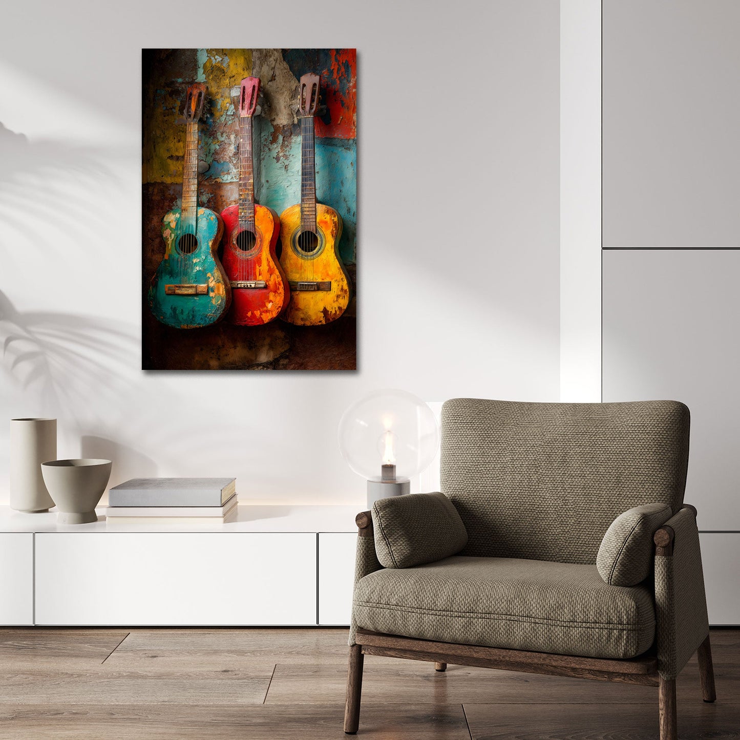 Akustikgitarren in kräftigen Pop Art Wandbild