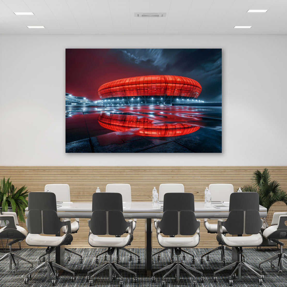 Allianz Arena rot - München Stadion Architektur mit Spiegelung Wandbild