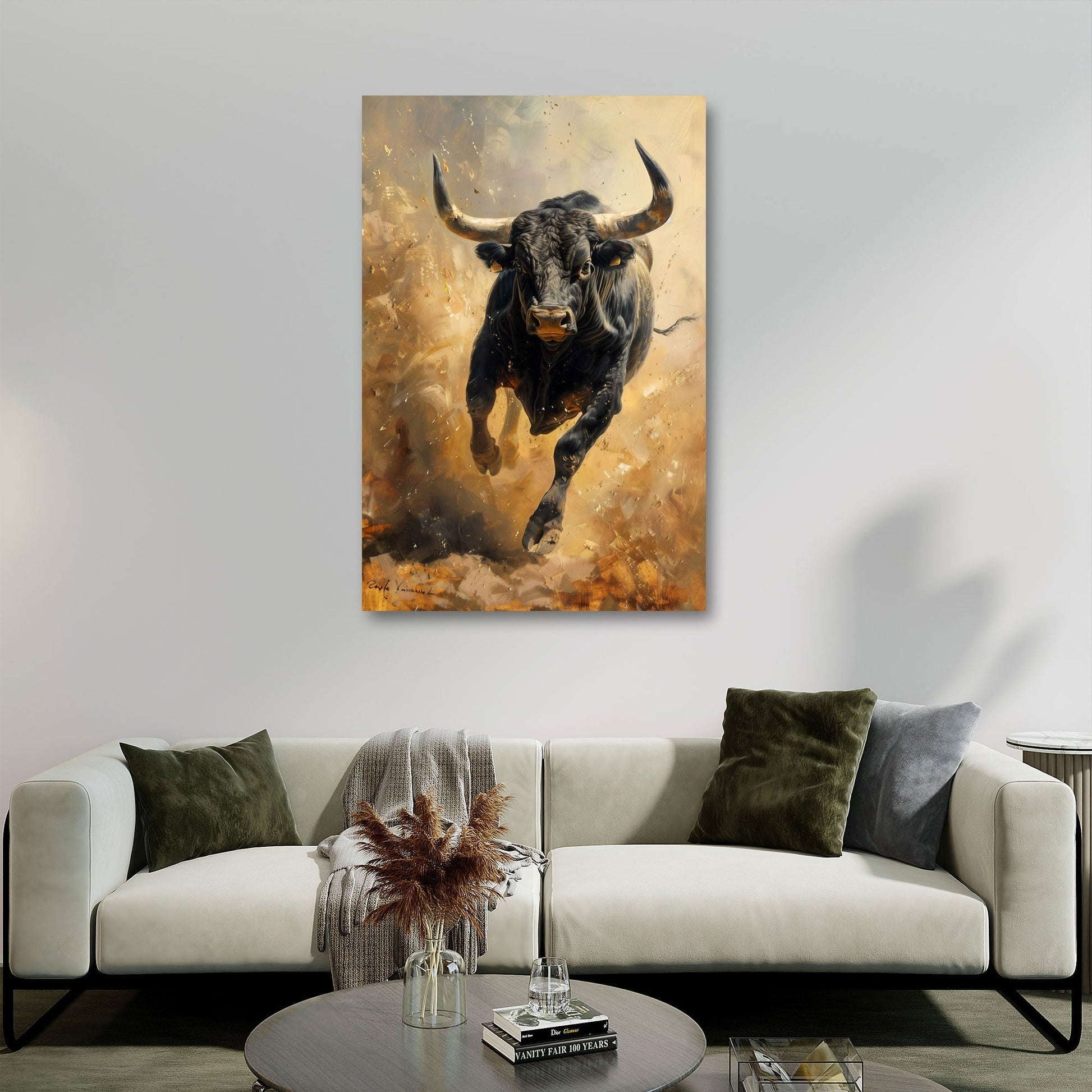 Angreifender schwarzer Stier in goldbrauner Staubwolke – Wandbild im Hochformat