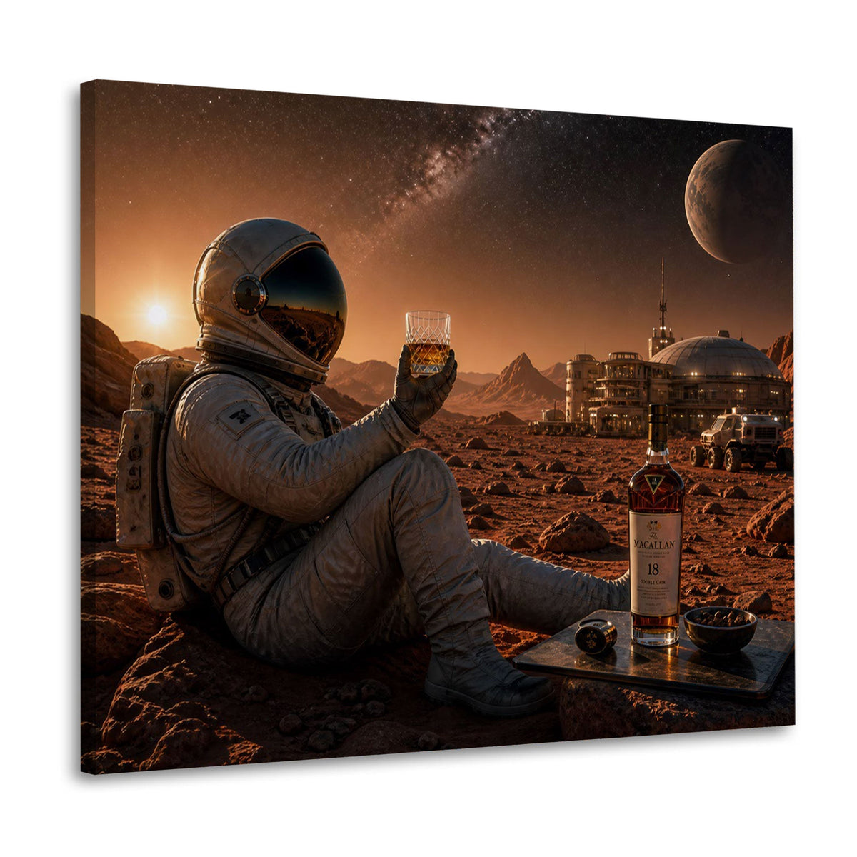 Astronaut auf dem Mars im Sonnenuntergang als Wandbild