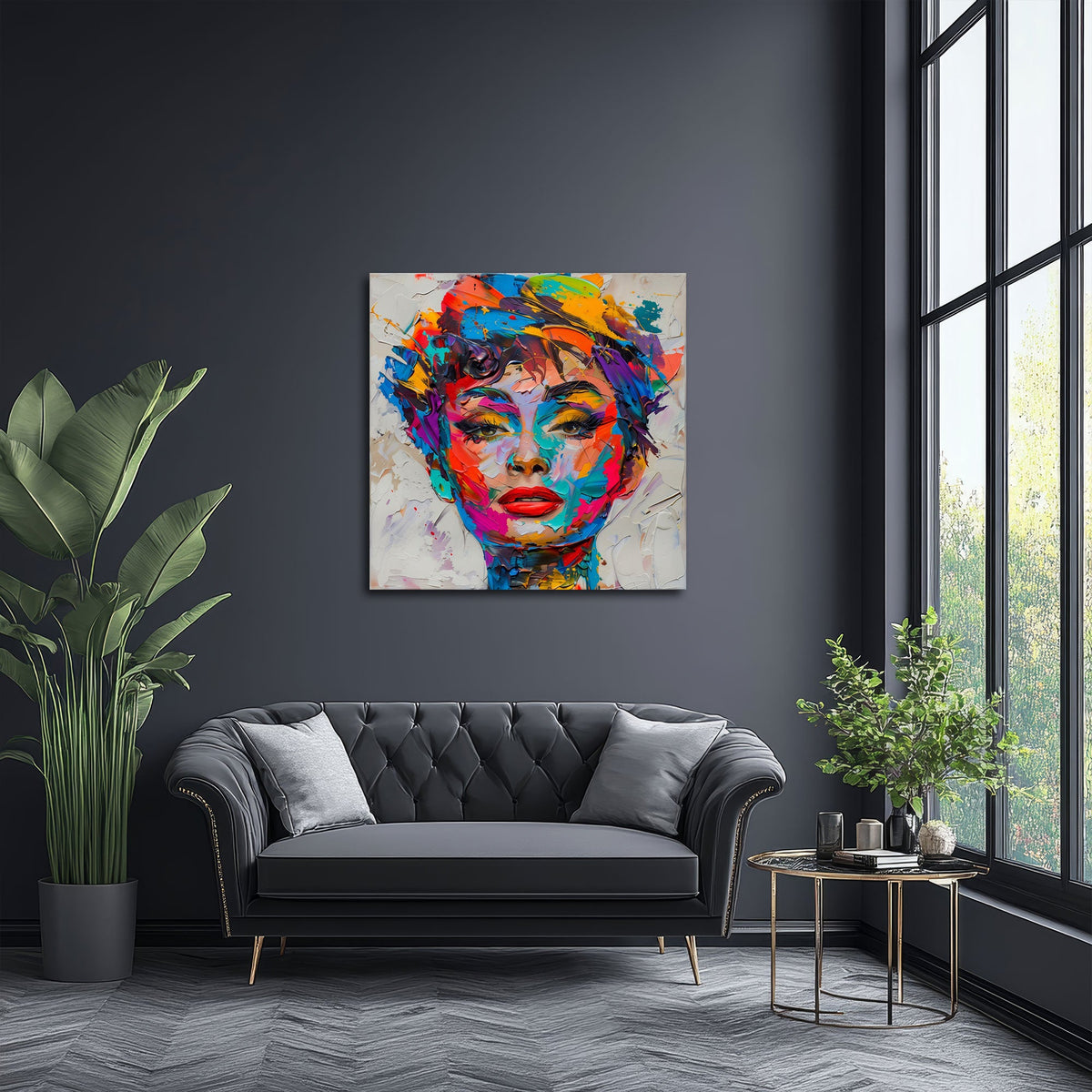 Buntes Frauenporträt Wandbild über dem Sofa im Wohnzimmer