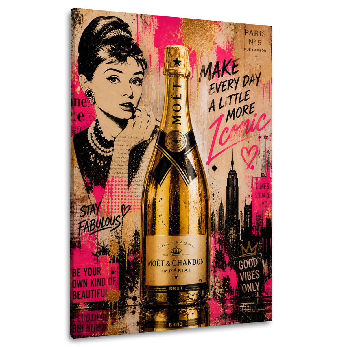 Audrey Pop Art Wandbild mit goldener Champagnerflasche in Gold und Pink