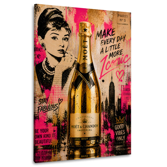 Audrey Pop Art Wandbild mit goldener Champagnerflasche in Gold und Pink
