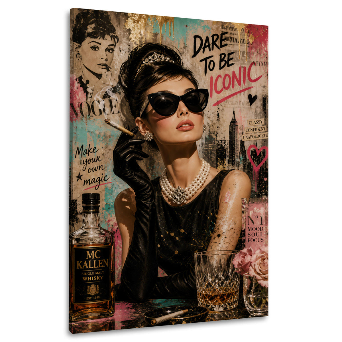 Wandbild Audrey im kleinen Schwarzen mit Sonnenbrille und Perlenkette