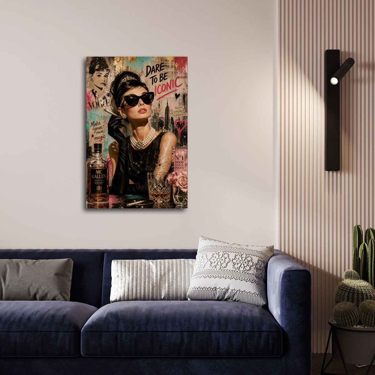 Pop Art Collage Wandbild im Hochformat im eleganten Wohnraum