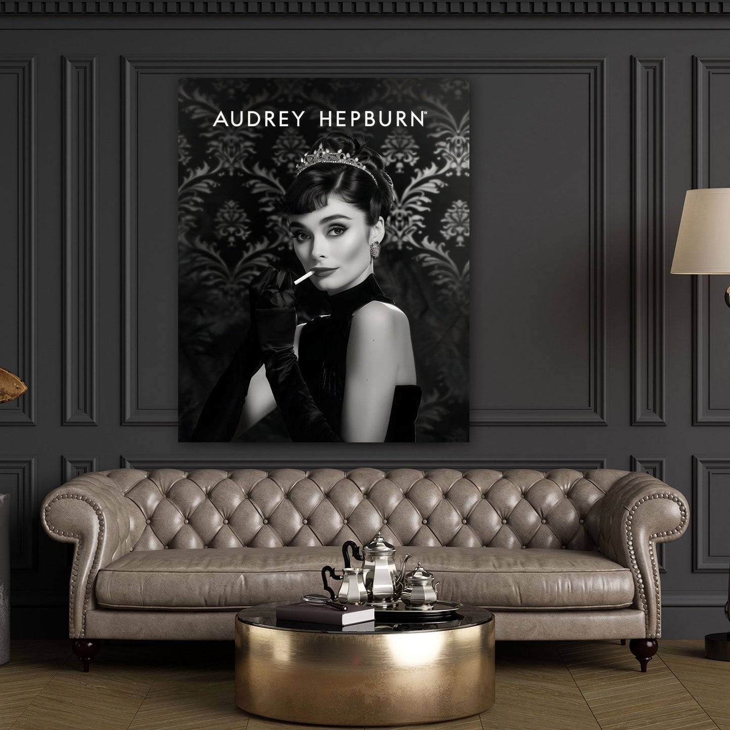 Audrey Porträt schwarz weiß elegant mit Krone Wandbild