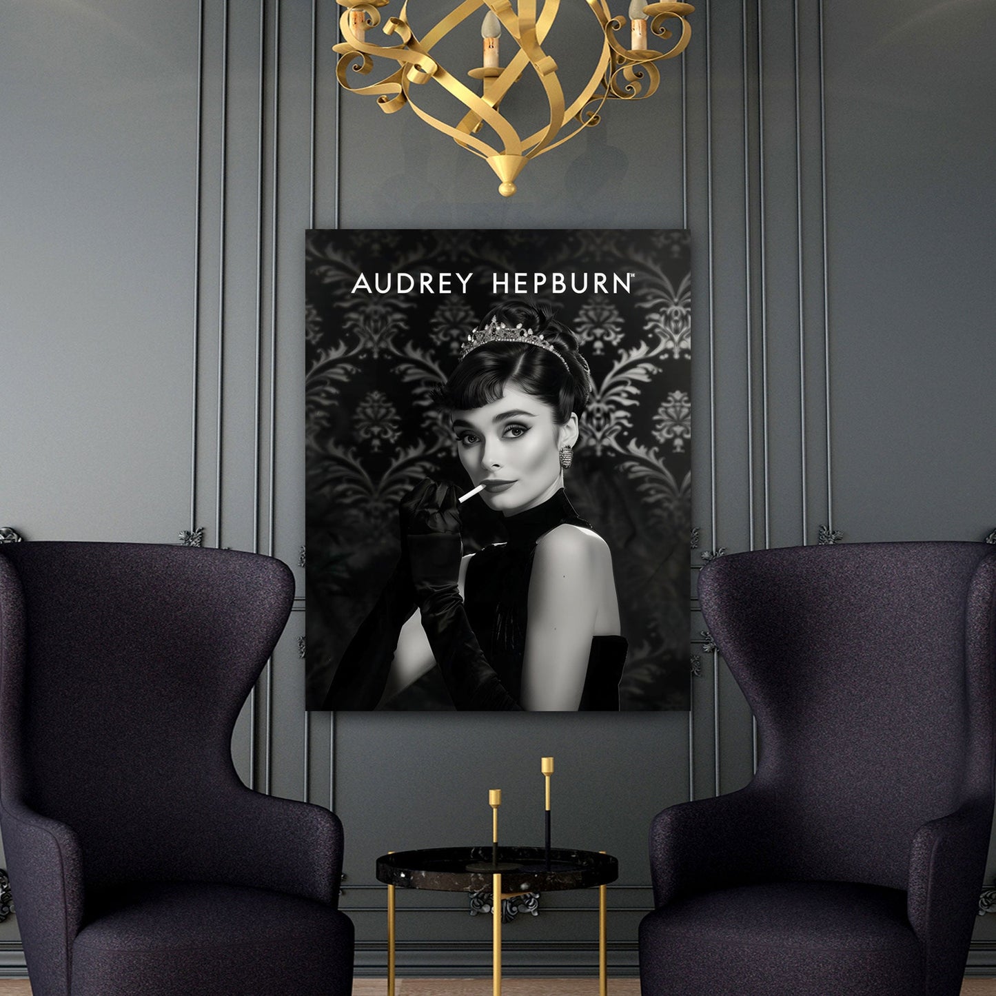 Audrey Porträt schwarz weiß elegant mit Krone Wandbild
