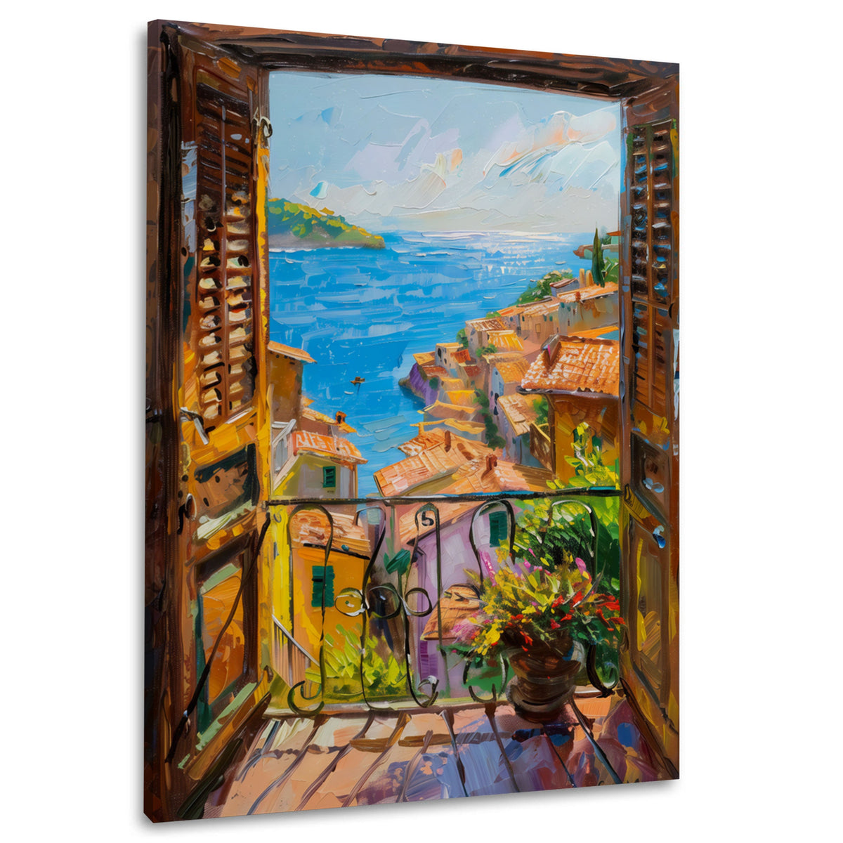 Mediterranes Wandbild mit Balkonfenster, Blumen und Meerblick