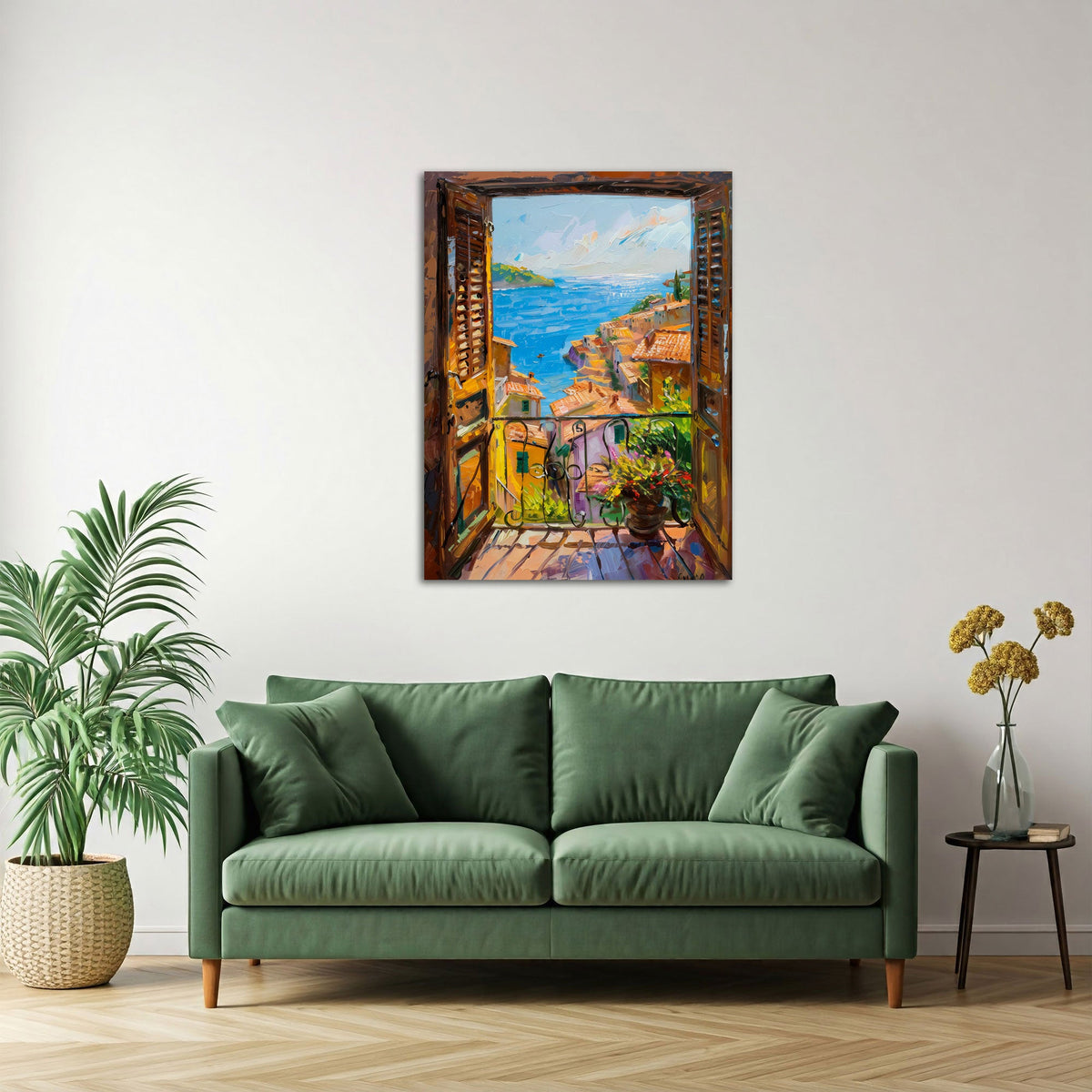 Fenster mit Meerblick als Wandbild über dem Sofa im Wohnzimmer