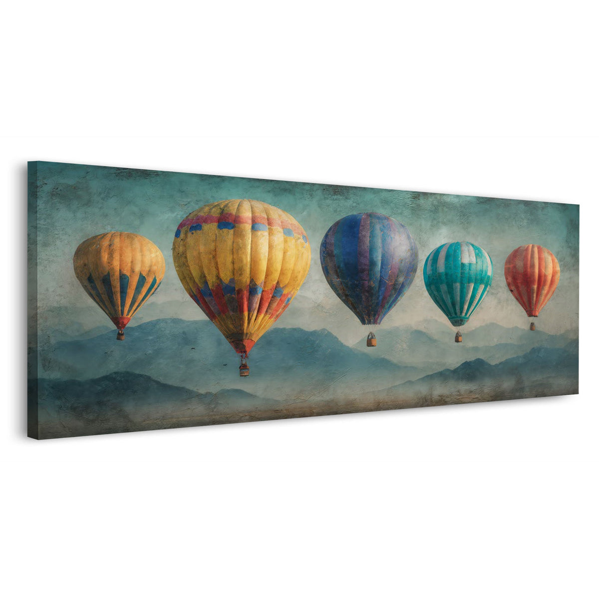 Panorama Wandbild mit bunten Heißluftballons über nebligen Bergen