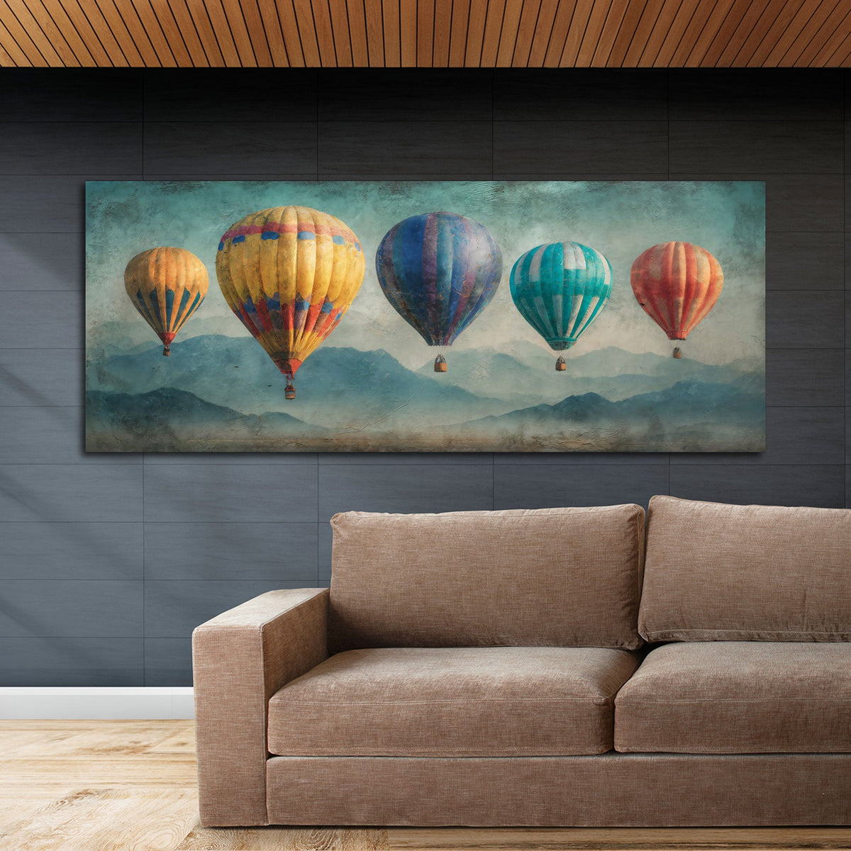 Heißluftballon Panorama Wandbild über dem Sofa im Wohnzimmer