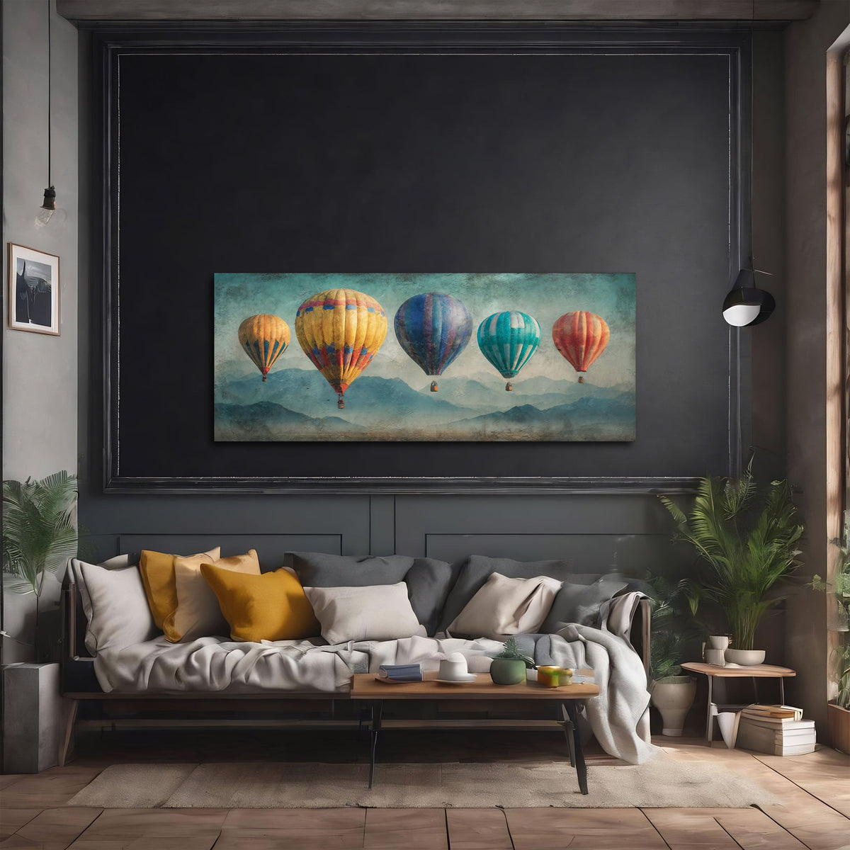 Ballonfahrt Wandbild als Blickfang im hellen Wohnraum
