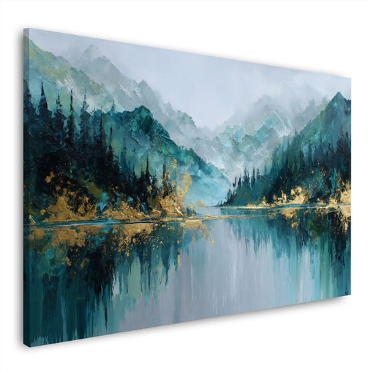 Bergsee Spiegelung Tannenwald abstrakte Landschaft Wandbild