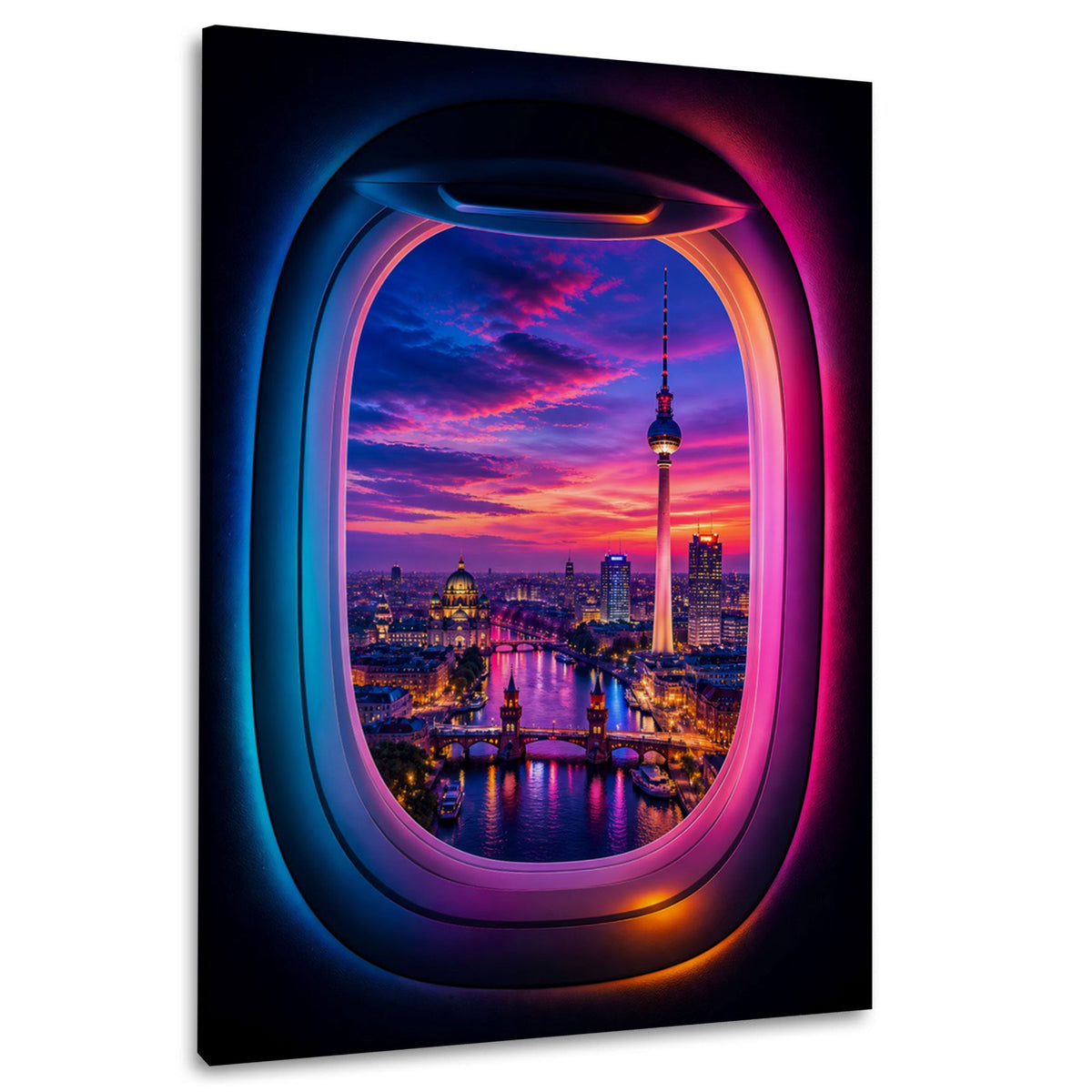 Wandbild mit Berlin bei Nacht im Blick aus dem Flugzeugfenster