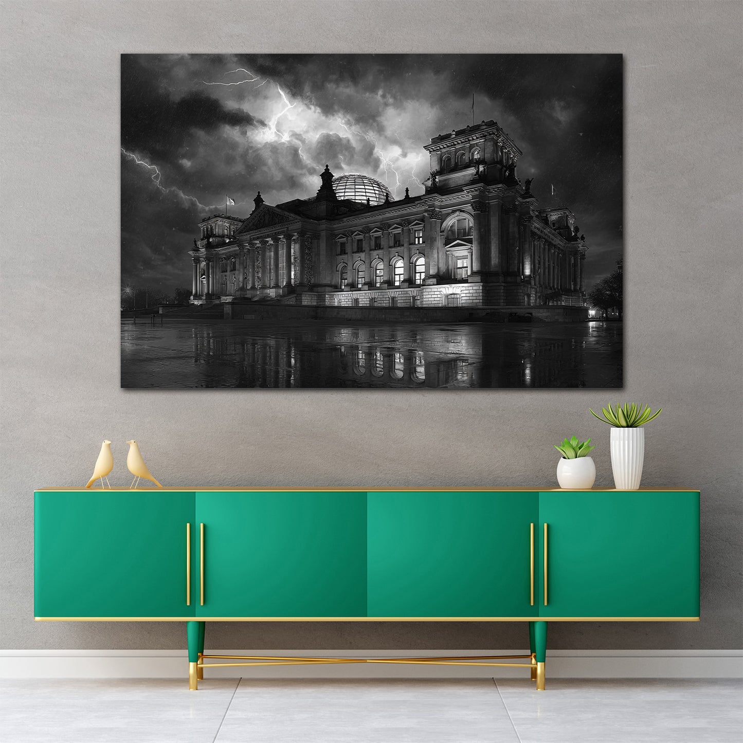 Berliner Reichstag dramatischer Himmel Blitze Nachtlicht Wandbild