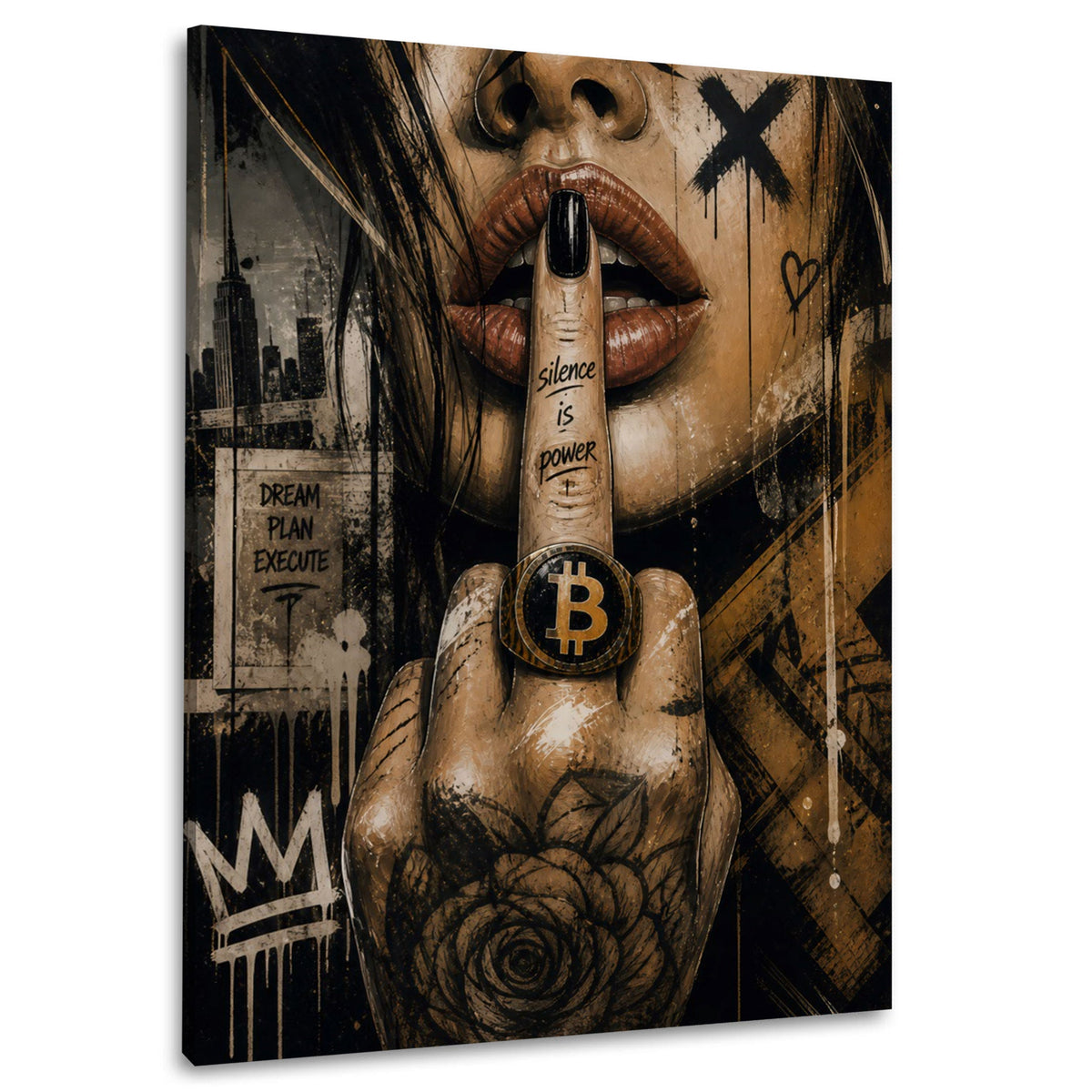 Wandbild Bitcoin Ring an tätowierter Hand mit roten Lippen auf Leinwand