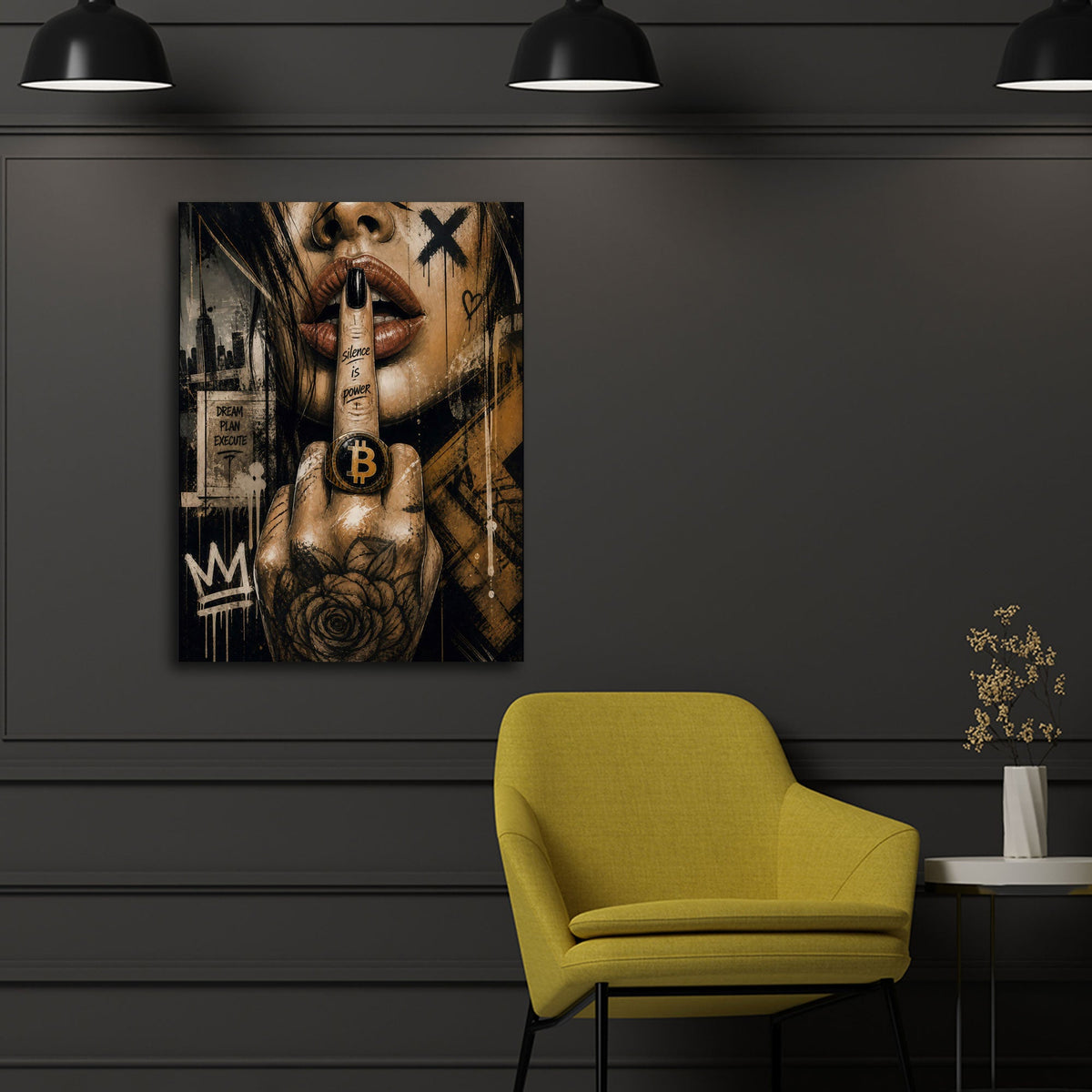 Motivation Wandbild mit Bitcoin Motiv im Hochformat im Büro