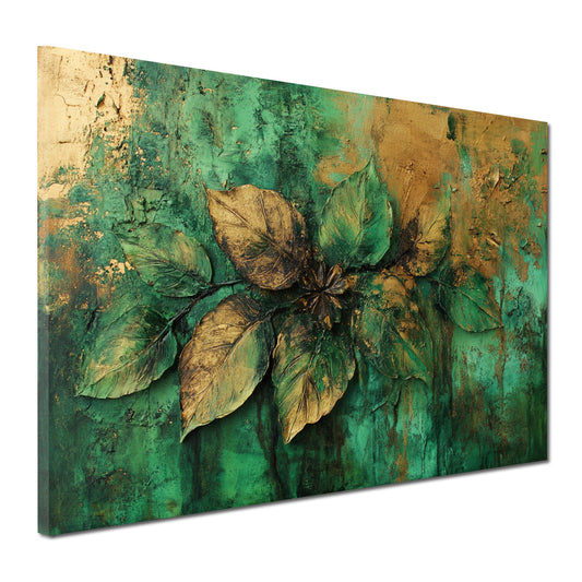 Blattstruktur Gold Grün Naturrelief abstrakt Wandbild