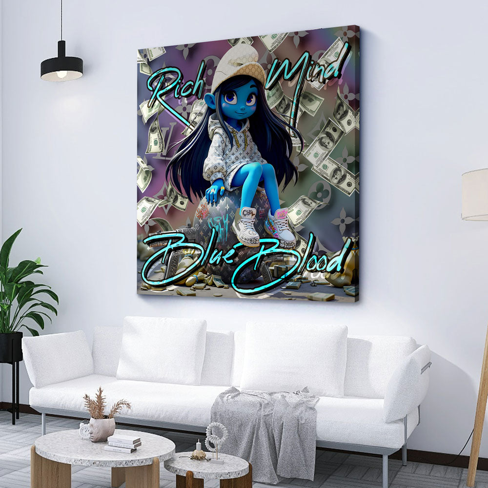 Blaue Comicfigur mit Geld und Luxus Outfit Wandbild