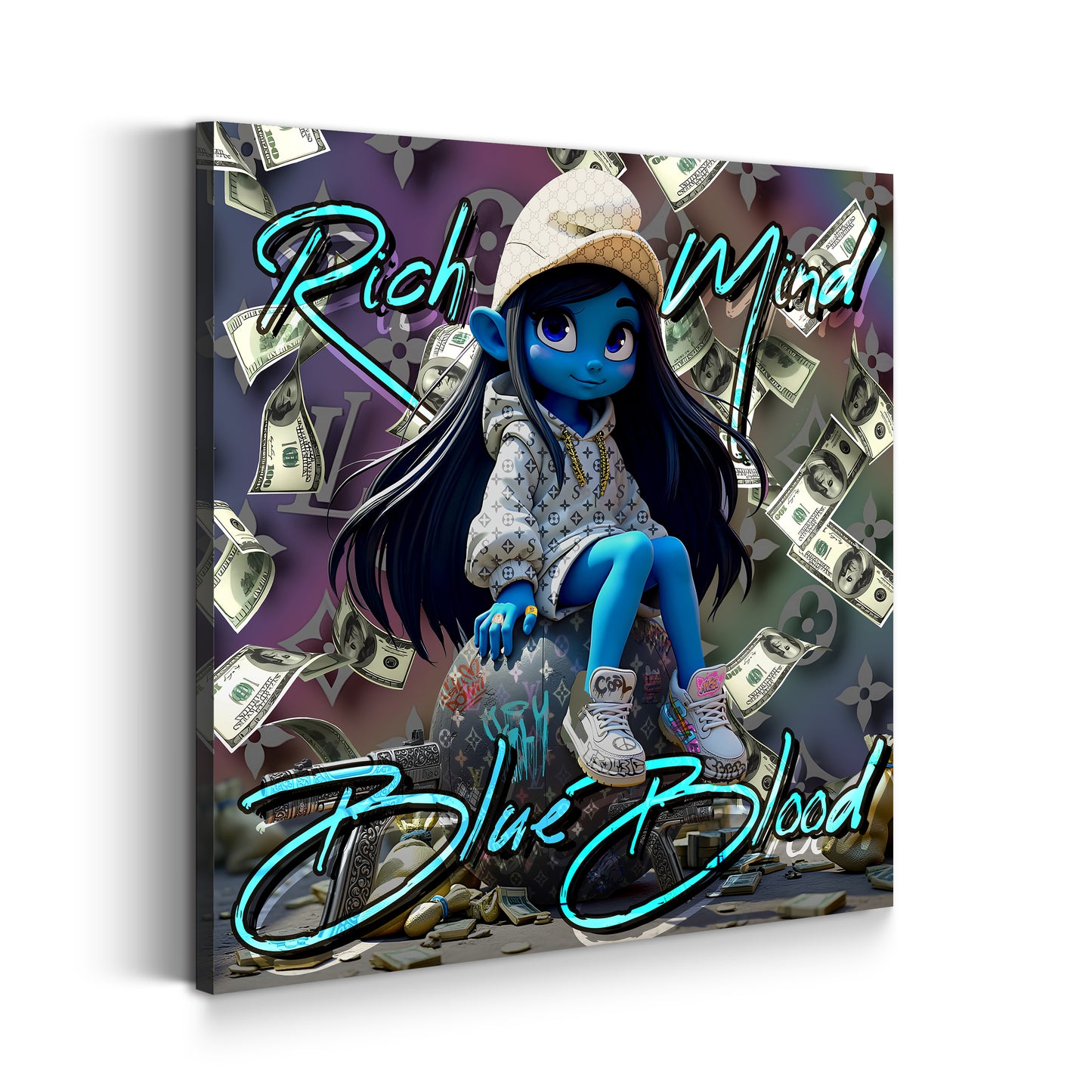 Blaue Comicfigur mit Geld und Luxus Outfit Wandbild