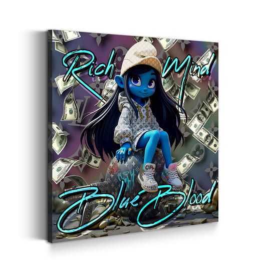 Blaue Comicfigur mit Geld und Luxus Outfit Wandbild