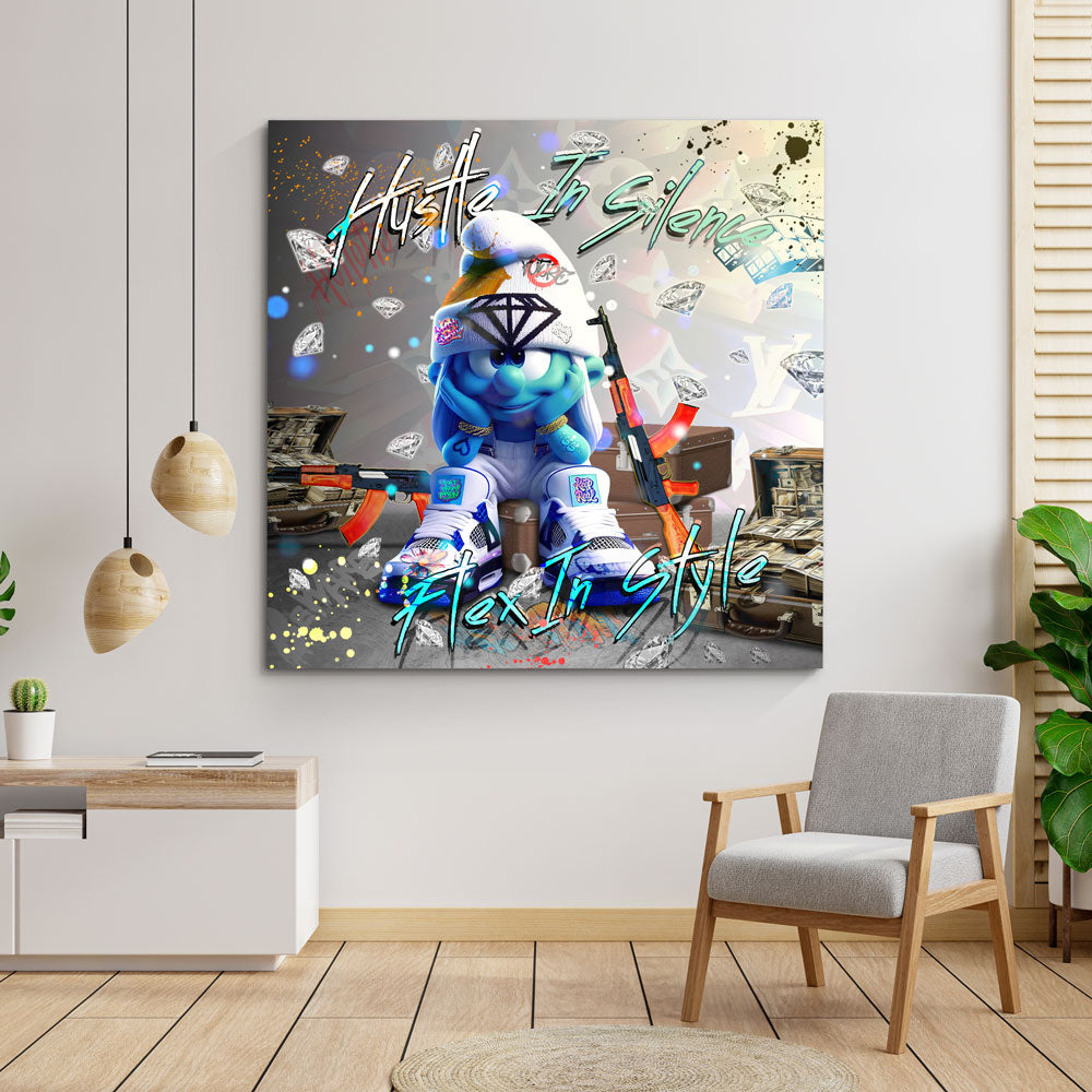 Blaue Comicfigur mit Geld und Luxus Style Wandbild